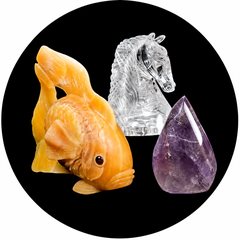 Orange calcite fish sculpture, clear quartz horse sculpture, amethyst flame sculpture